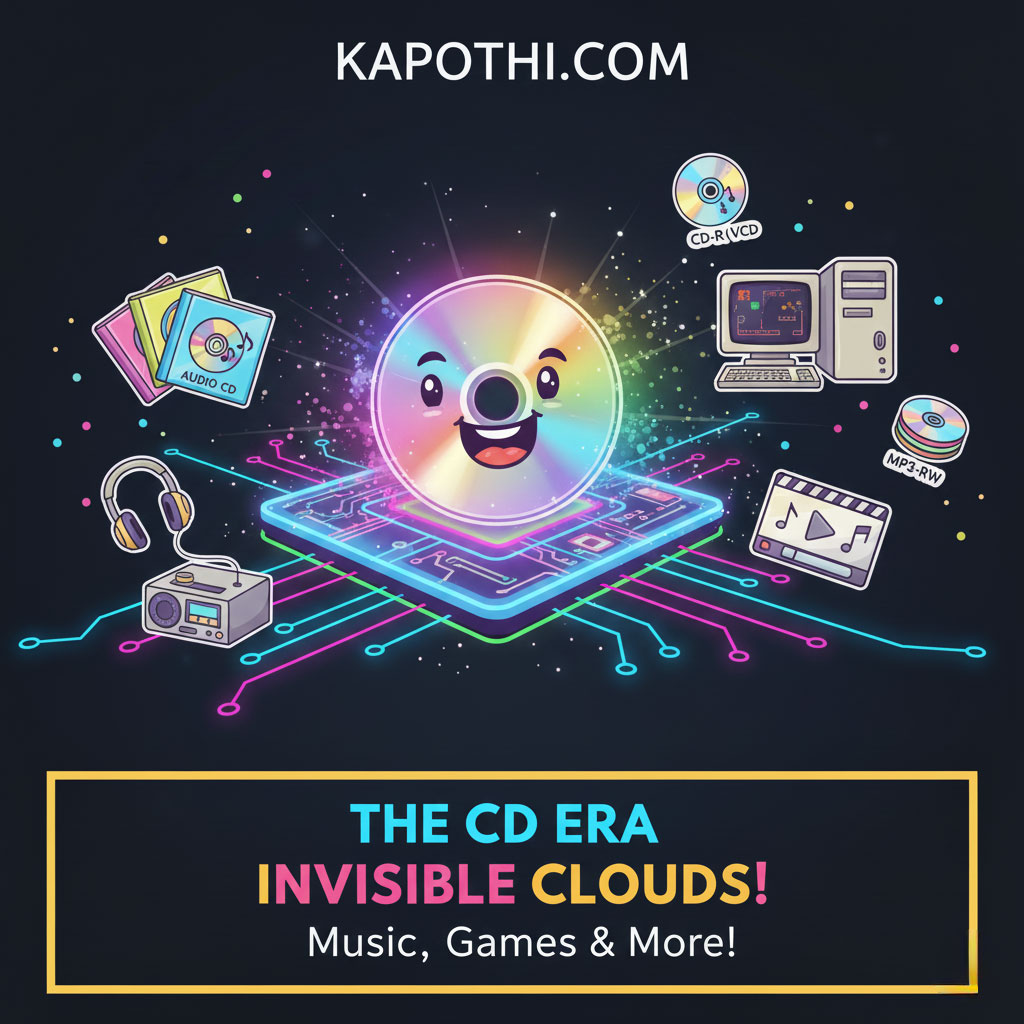 A shiny compact disc reflecting rainbow light, symbolizing the CD era of music, software, and data storage.