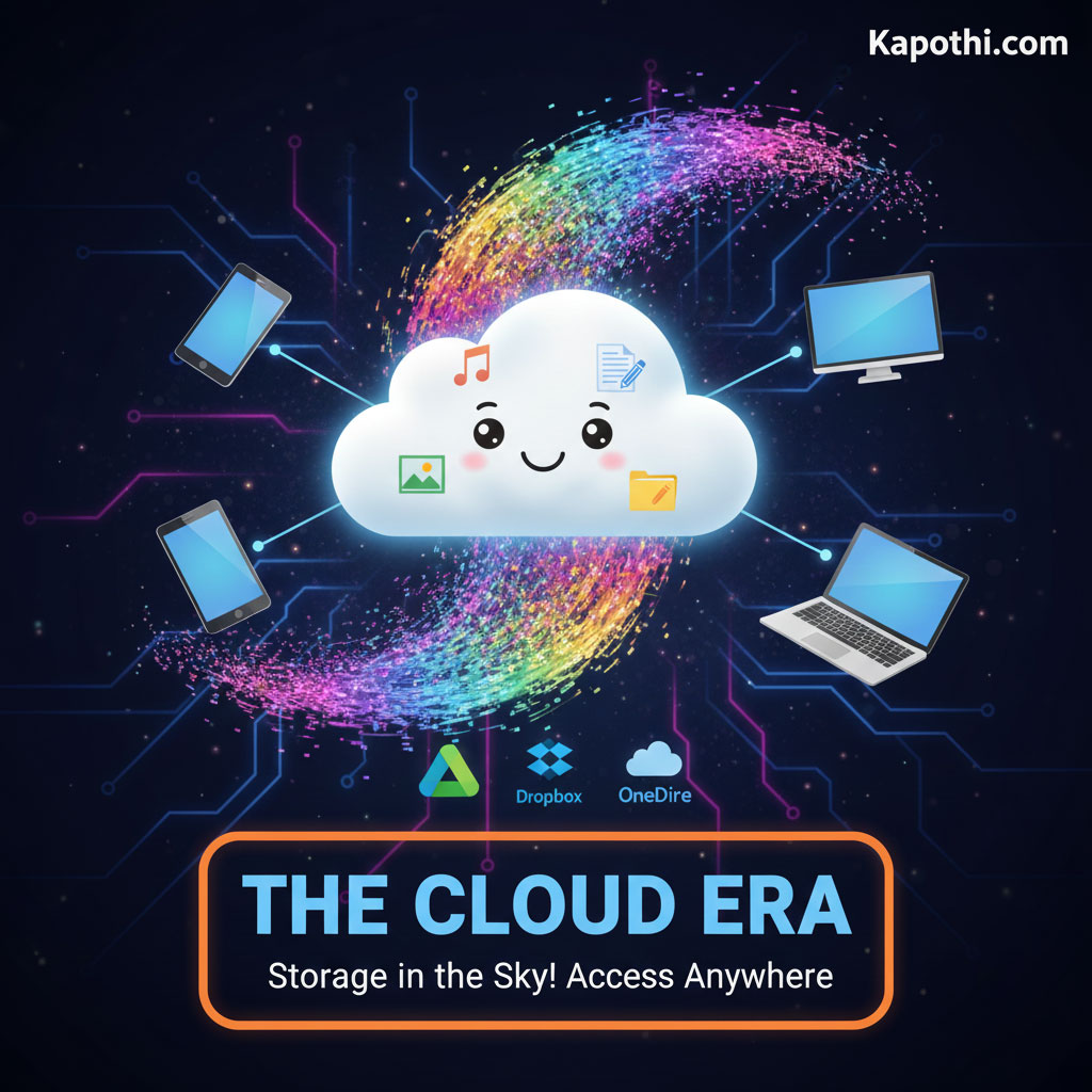 A glowing cloud filled with digital streams, symbolizing the cloud era of storage in the sky with limitless access.