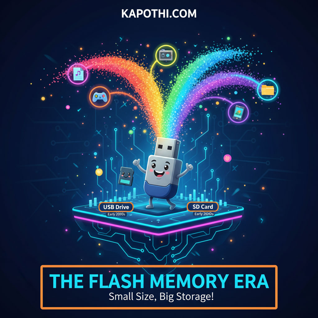 A tiny USB flash drive glowing with digital light, symbolizing the flash memory era of small size and big storage capacity.
