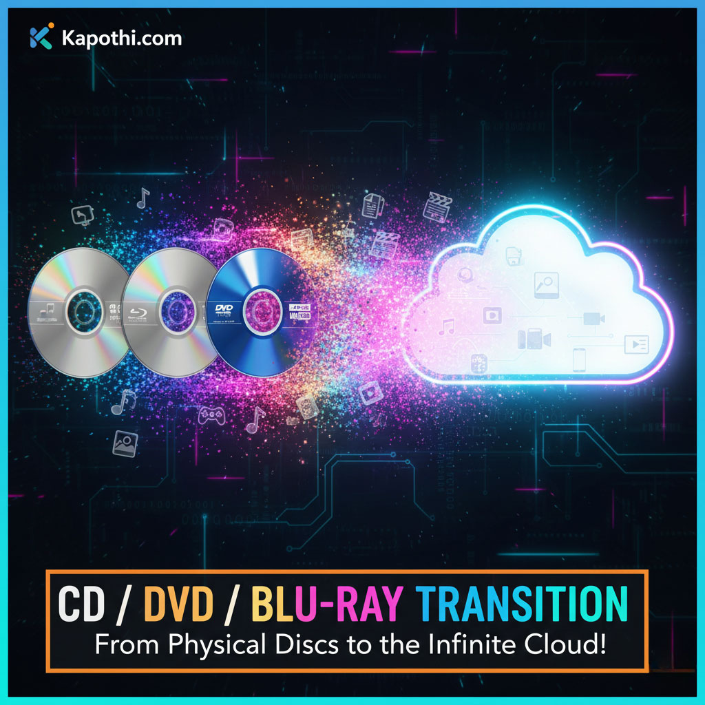 An abstract cloud glowing with digital streams, symbolizing the great shift from physical discs to invisible cloud storage.