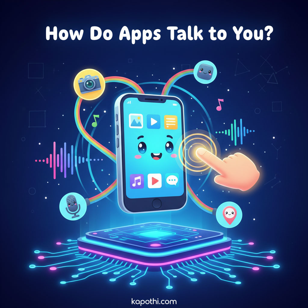 A cheerful smartphone app character interacting with a finger tap, with icons for camera, microphone, and location sensors around it, on a glowing circuit board.
