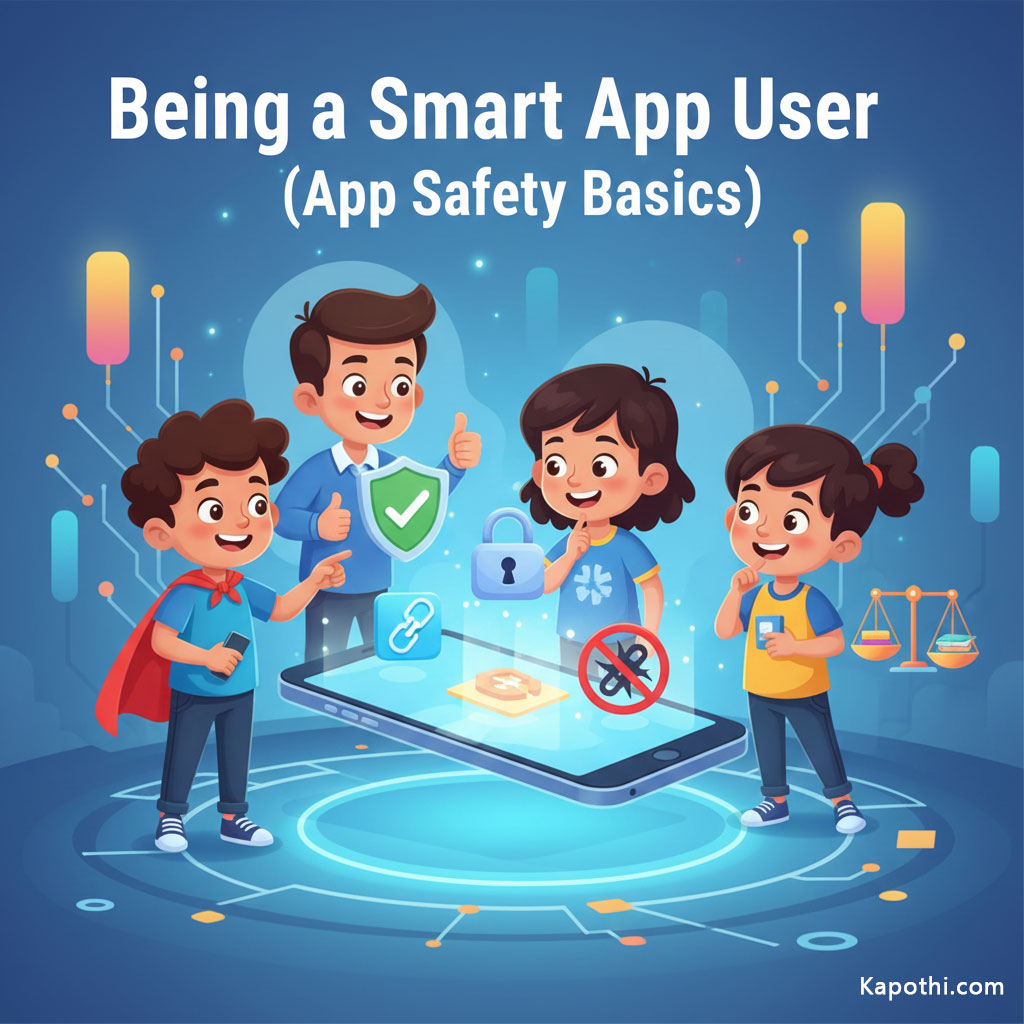 A smart cartoon kid looking at a phone with a lock icon, thinking about privacy and safety, representing responsible app usage.